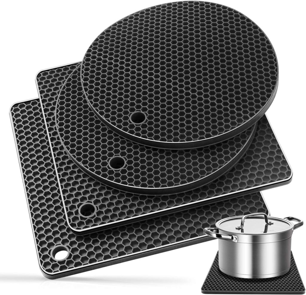 Ardanlingke Silicone Trivet Mats，Trivets for Hot Pots and Pans，Extra Thick Hot Pads for Kitchen，Multi-Purpose Pot Holder，Non-Slip Jar Opener，Gripper Pad，Drying Mat，Coaster (4 Pcs, Dark Gray)