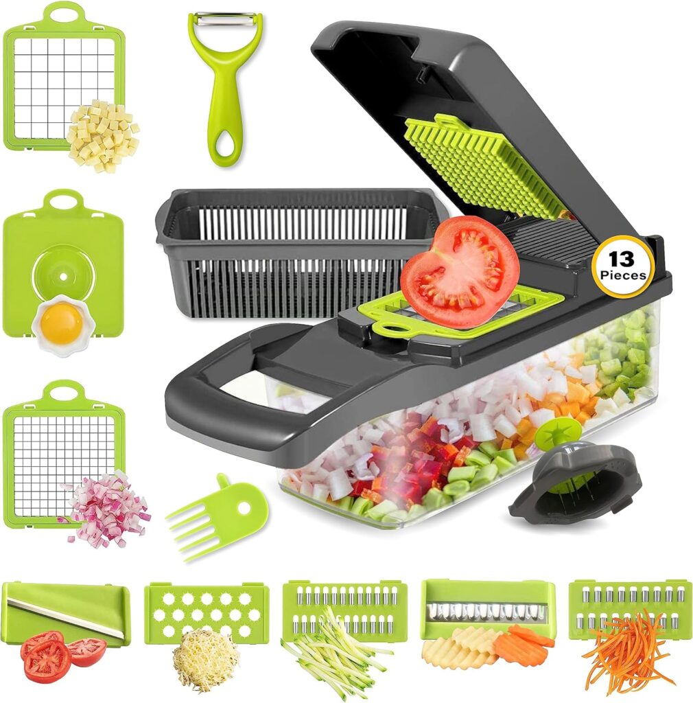 Aventura Shopping Vegetable Chopper - 13 in 1 Chopper Vegetable Cutter Easy to Use Veggie Chopper Black  Green Salad Chopper Carrot Cabbage Vegetable Slicer Hand Protector Food Chopper Potato Peeler