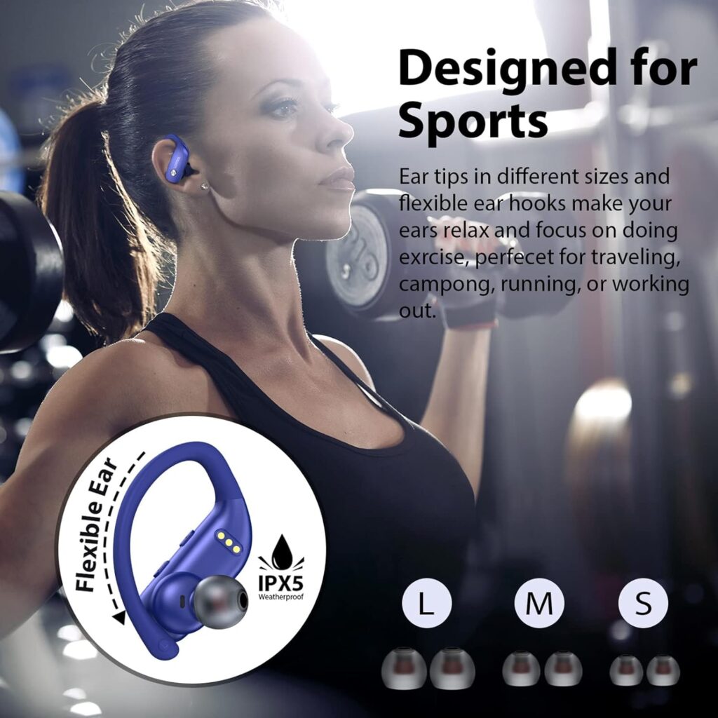 bmanl Wireless Earbuds Bluetooth Headphones 48hrs Play Back Sport Earphones with LED Display Over-Ear Buds with Earhooks Built-in Mic Headset for Workout Black