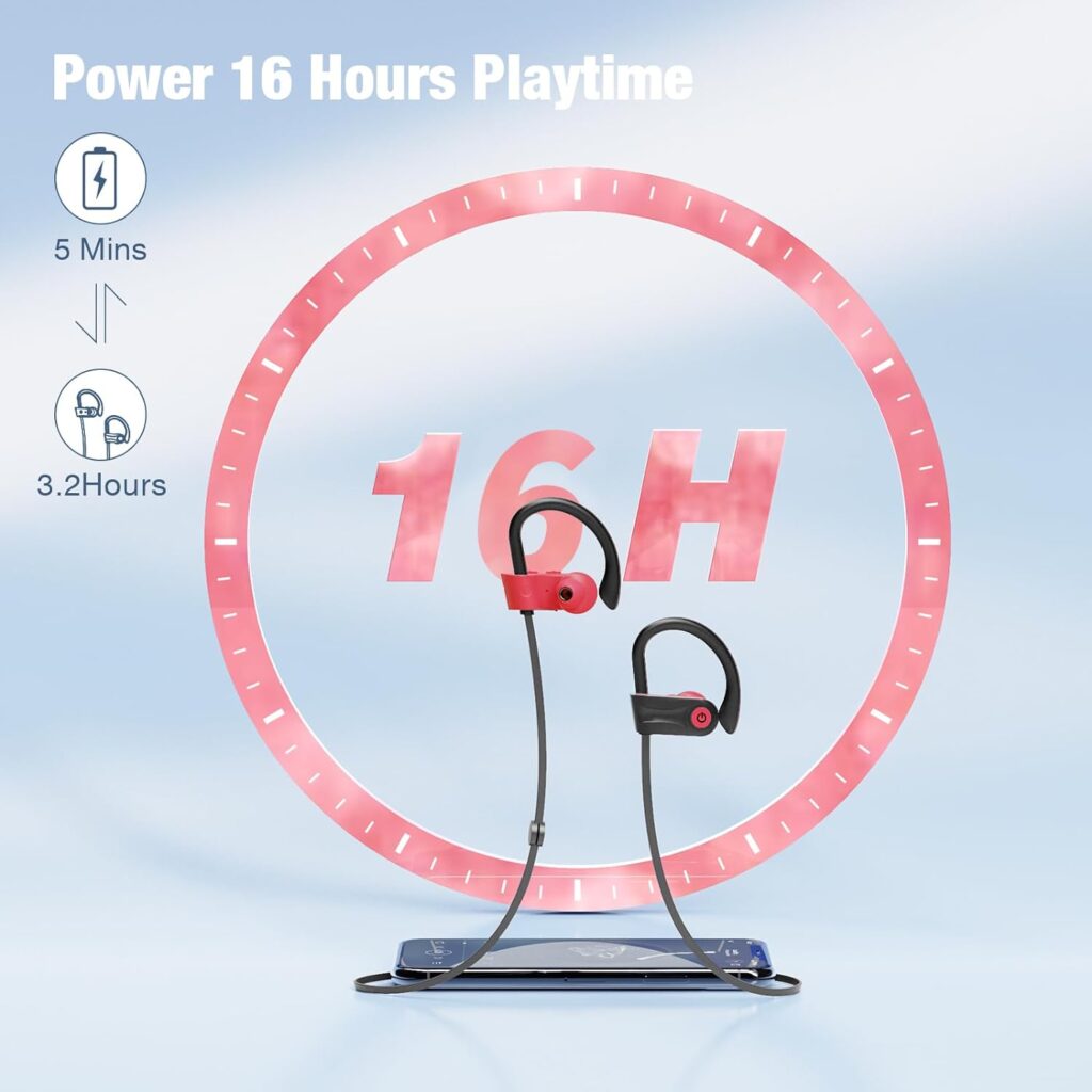 Boean Bluetooth Headphones, Running Wireless Earbuds with 16 Hours Playtime, HD Deep Bass Stereo IPX7 Waterproof Earphones CVC 8.0 Sound Isolation Sports Headphoens