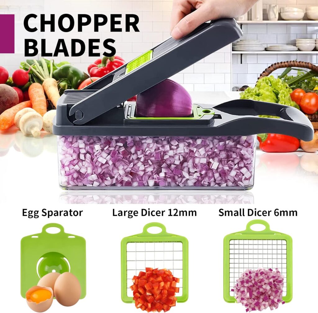 Carrie Joe Vegetable Chopper Egg Slicer Pro Food Chopper Dicer Cutter Salad Onion Chopper with Container-Cool Gadgets Kitchen Accessories (Grey/Green)