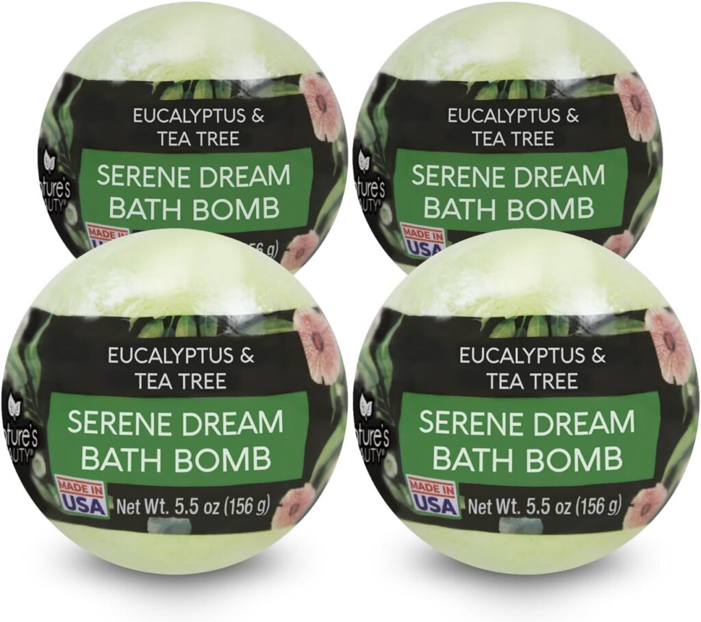 Natures Beauty Eucalyptus  Tea Tree Bath Bomb Multi-Pack- Natural Hand Crafted, Non-Staining, Luxury Fizzy Spa Bomb, Sooth + Restore Skin, Made w/Coconut Oil  Witch Hazel, 5.5oz (4 Pack)