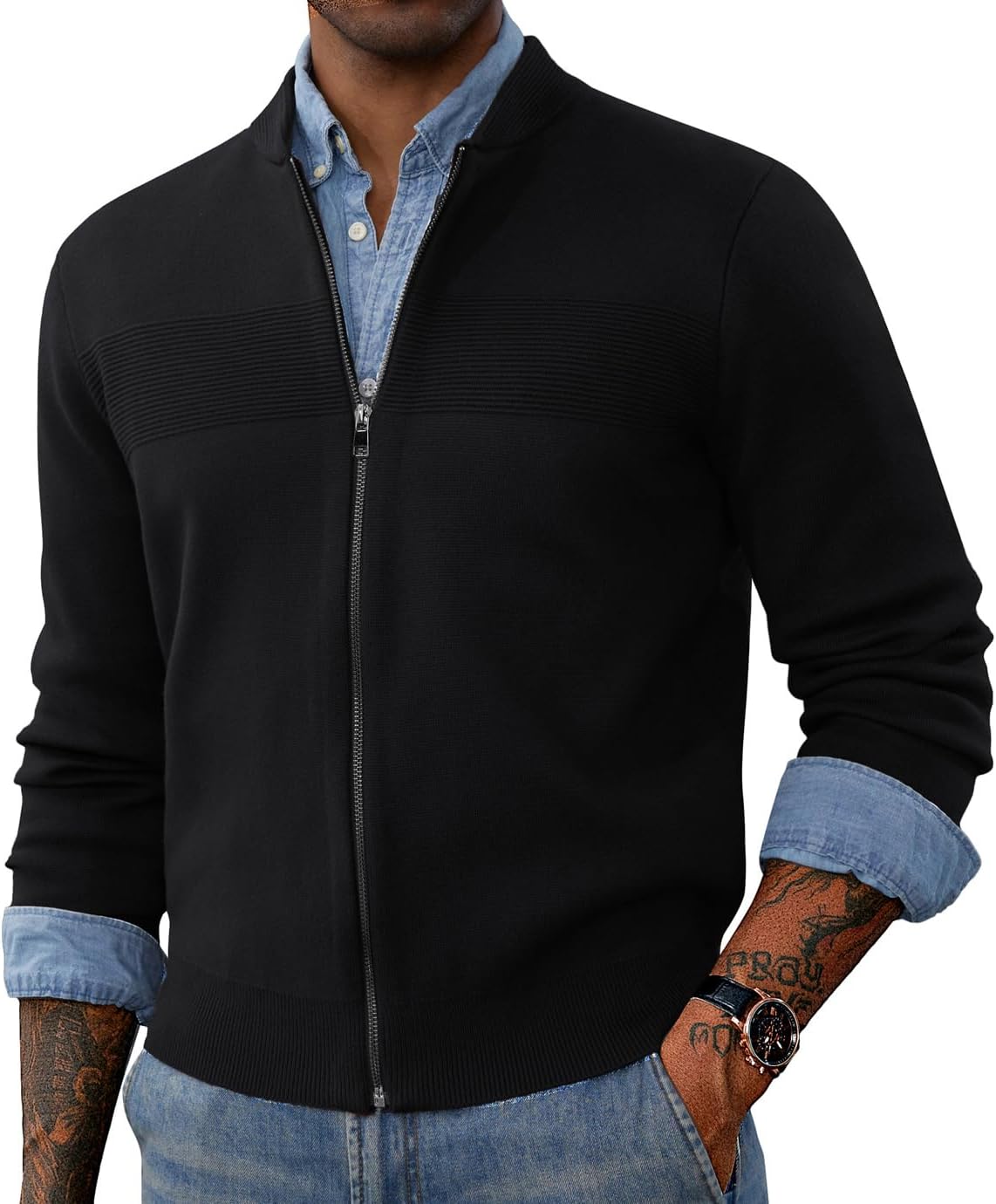 PJ PAUL JONES Mens Full Zip Up Sweater Casual Stand Collar Cardigan Lightweight Knit Jacket