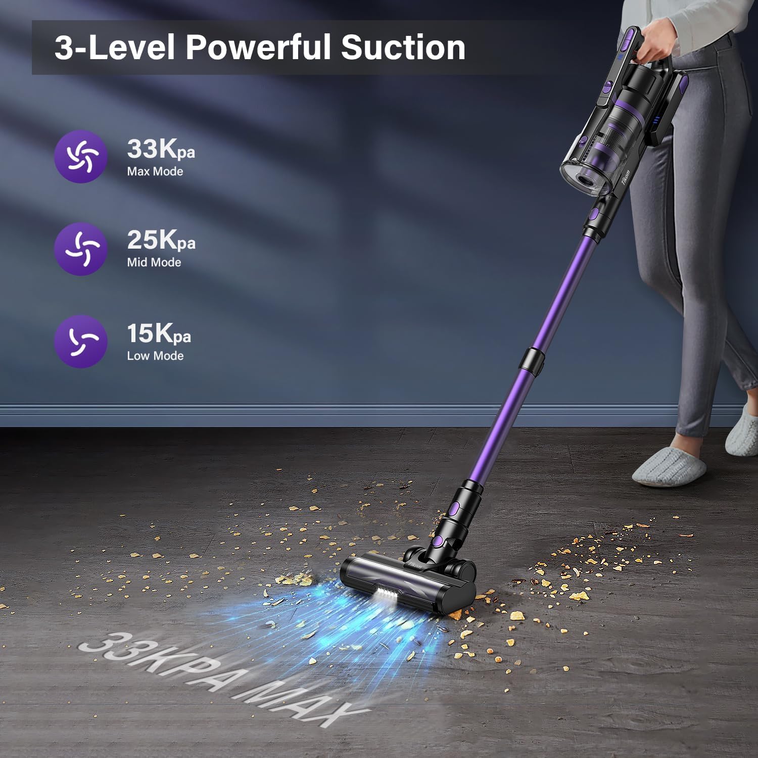 Tikom V700 Cordless Vacuum Cleaner with 450W 33Kpa Powerful Suction, Up to 50 Mins Runtime, 1.3L Dust Cup, 6 in 1 Stick Vacuum Cleaner Ideal for Carpet, Pet Hair, Hard Floor, Purple