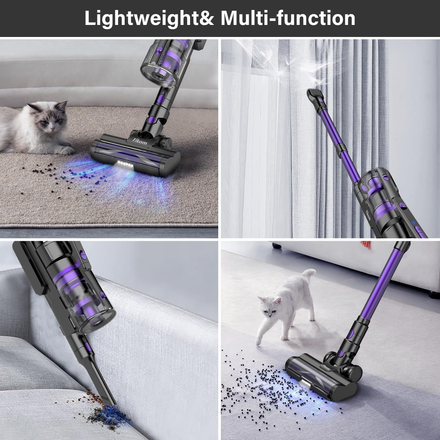 Tikom V700 Cordless Vacuum Cleaner with 450W 33Kpa Powerful Suction, Up to 50 Mins Runtime, 1.3L Dust Cup, 6 in 1 Stick Vacuum Cleaner Ideal for Carpet, Pet Hair, Hard Floor, Purple