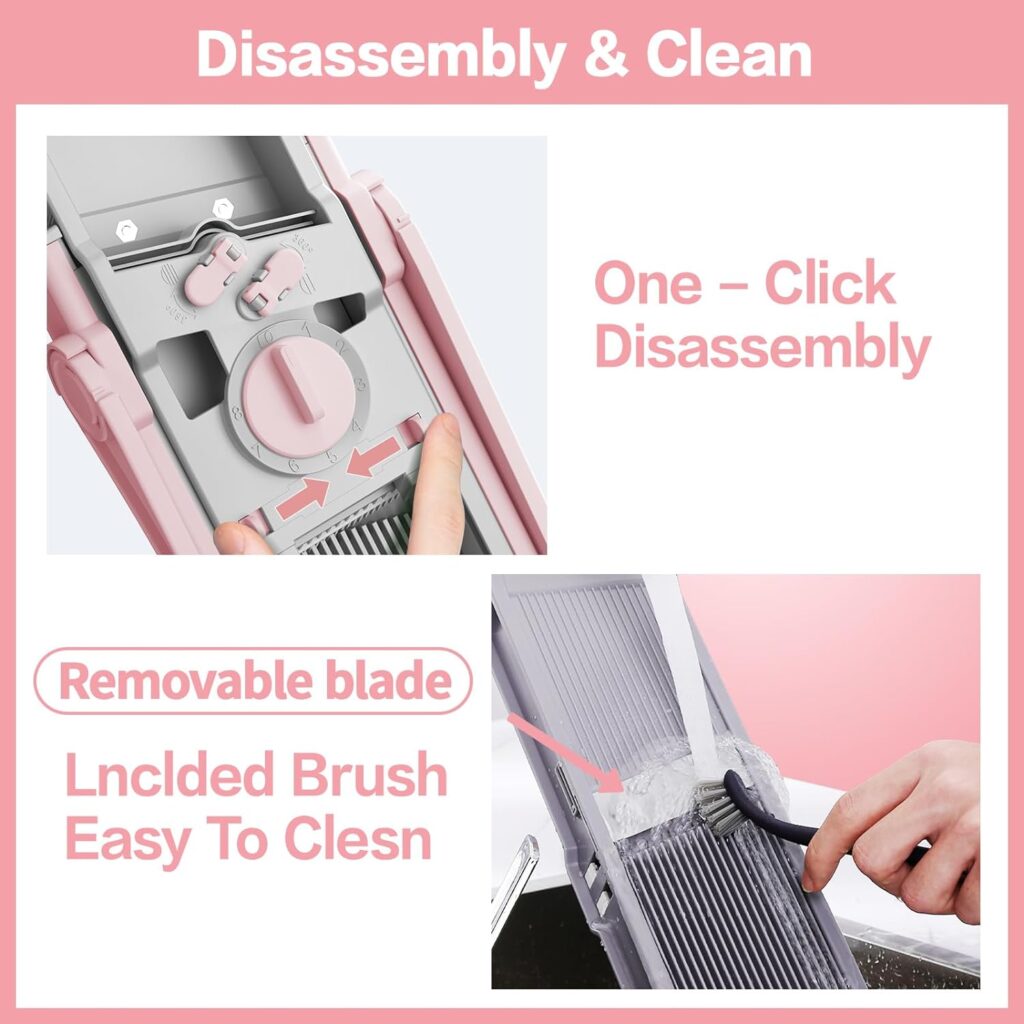 Upgrade Safe Mandoline Slicer Plus for Kitchen, QYKIC Bigger Vegetable Food Chopper, Adjustable Potato Slicer Thickness Mandolin, Julienne + Dicer Kitchen Chopping Artifact (BlueGray) (Pink)