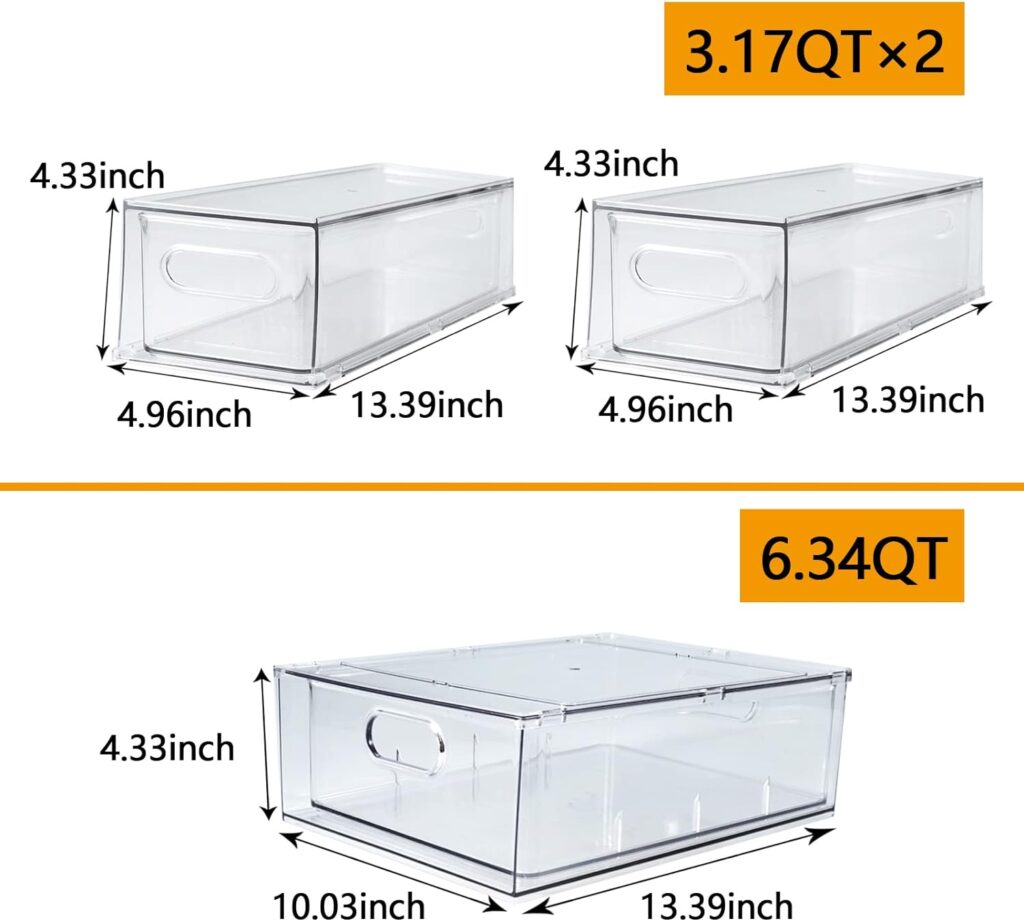 xhongz 3 Pack Stackable Refrigerator Organizer Bins with Pull-out Drawer, Clear Fridge Drawer Organizer with Handle, Large Drawable Storage Cases for Pantry Organization, Kitchen, Cabinet, Freezer