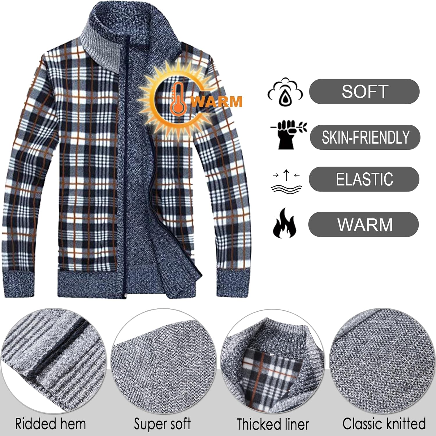 XinYangNi Mens Sweaters Full Zip Thick Knitted Cardigan Sweaters Jacket with Pockets