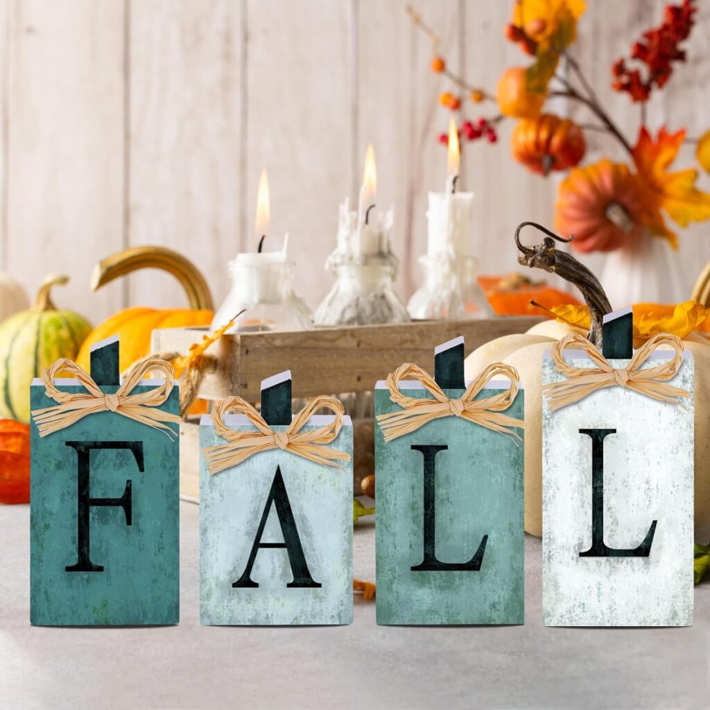 YUJUN 4 PCS Fall Pumpkin Wooden Signs Decoration,Blue Autumn Tiered Tray Pumpkin Tabletop Decor for Thanksgiving Fall Home Kitchen Harvest Party Decor Supplies