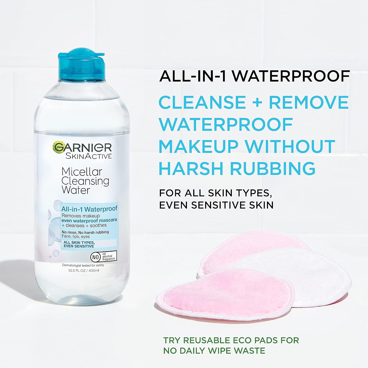 Garnier SkinActive Micellar Water For Waterproof Makeup, Facial Cleanser  Makeup Remover, 13.5 Fl Oz (400mL), 1 Count (Packaging May Vary)