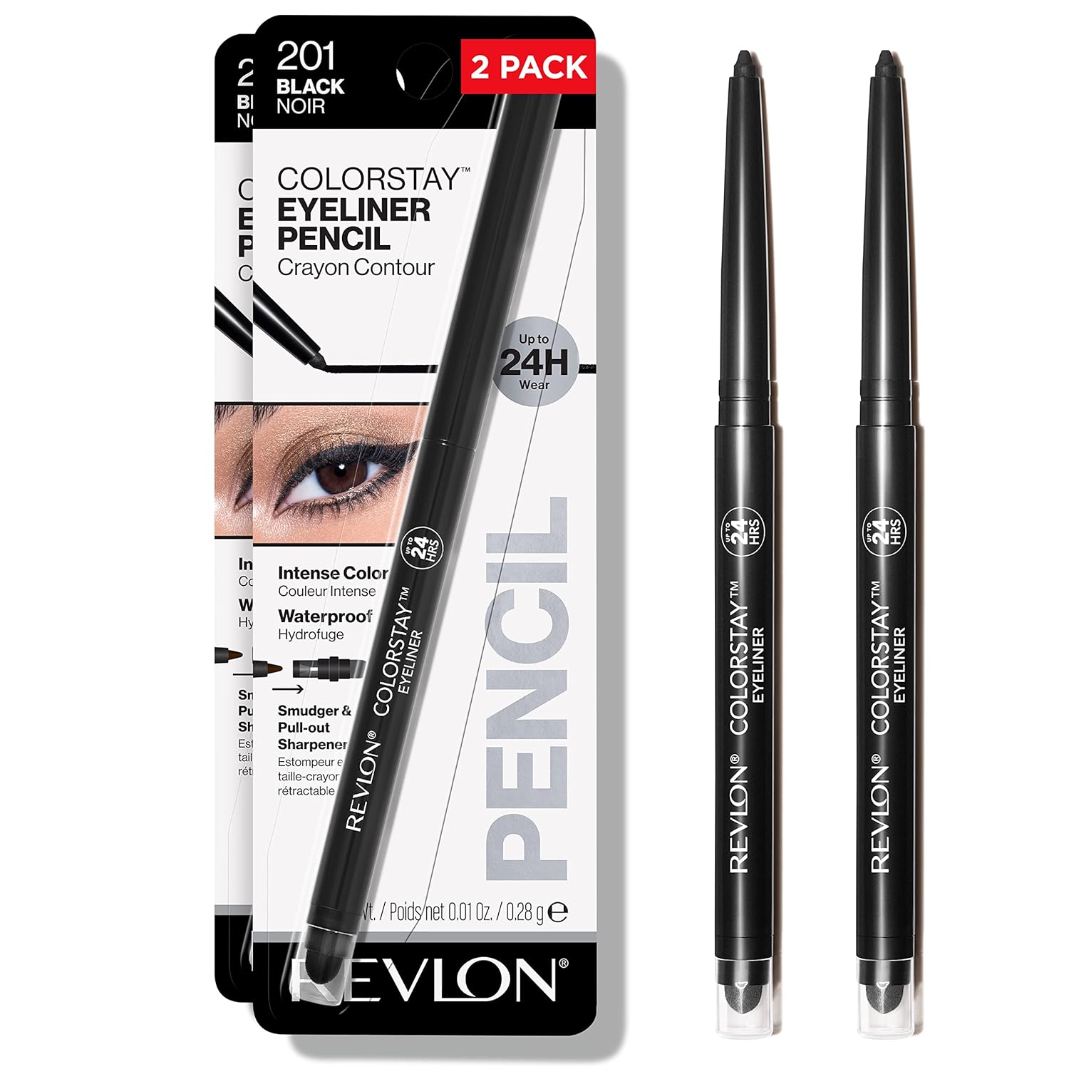 Revlon Pencil Eyeliner, Gifts for Women, Stocking Stuffers, ColorStay Eye Makeup with Built-in Sharpener, Waterproof, Smudge-proof, Longwearing with Ultra-Fine Tip, 201 Black, 2 Pack