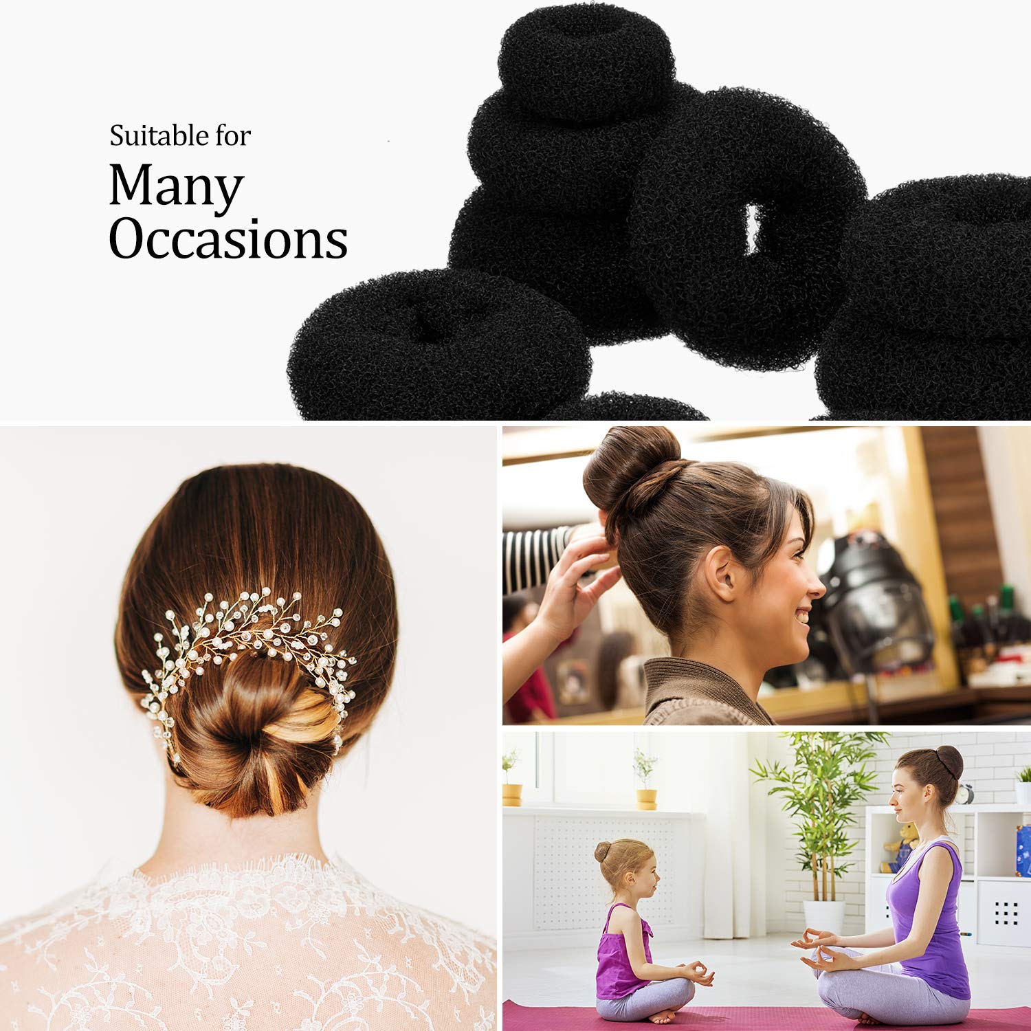 9 Pieces Donut Bun Maker Maker Hair Bun Maker Set Bun Maker Style Ring with 12 Pieces Elastic Hair Bands and 32 Pieces Hair Pins (Black, Brown, Beige)