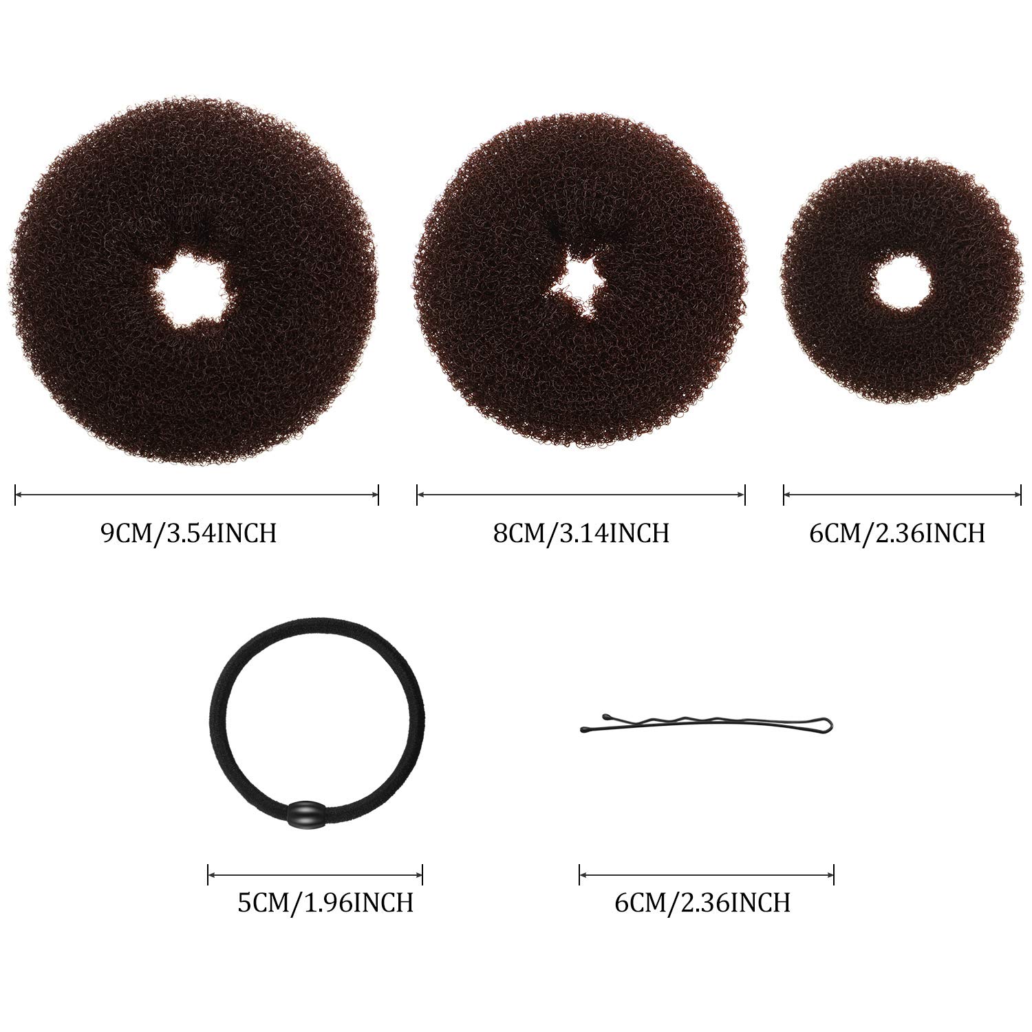 9 Pieces Donut Bun Maker Maker Hair Bun Maker Set Bun Maker Style Ring with 12 Pieces Elastic Hair Bands and 32 Pieces Hair Pins (Black, Brown, Beige)