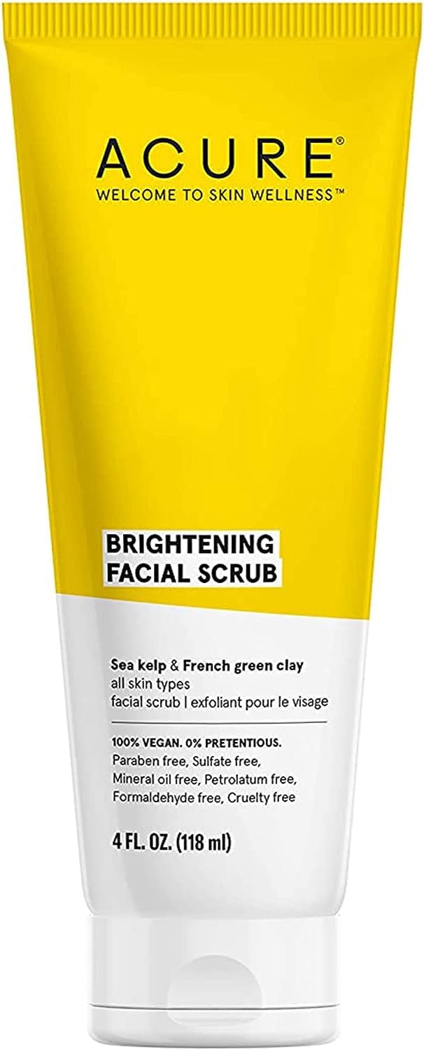 Acure Brightening Facial Scrub - 4 Fl Oz - All Skin Types, Sea Kelp  French Green Clay - Softens, Detoxifies and Cleanses