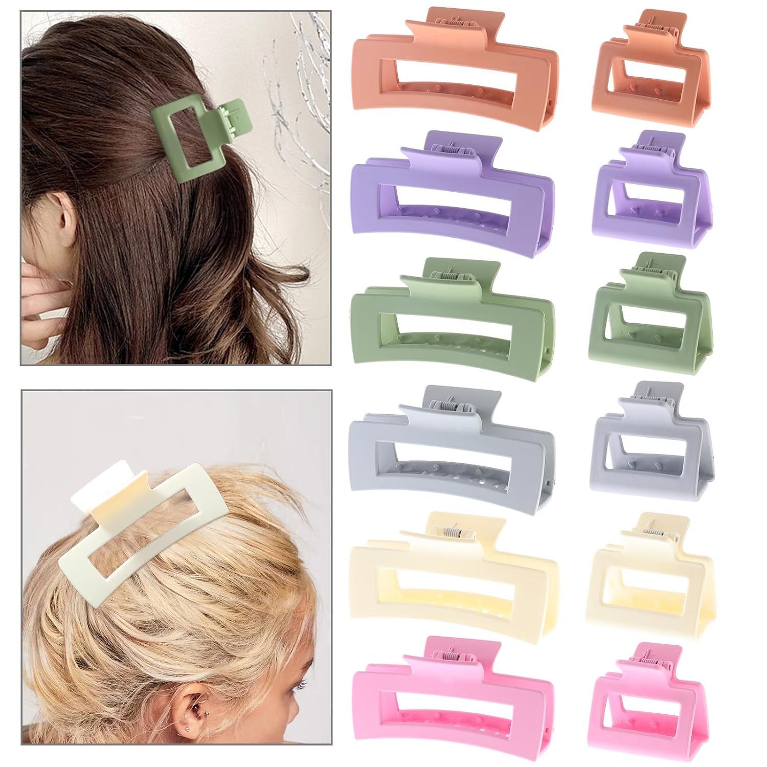 Alemaky 12 Pack Square Claw Clips, Big and Small Neutral Rectangle Hair Non-slip Matte Large Clips for Women,Strong Hold jaw clip Thick Thin