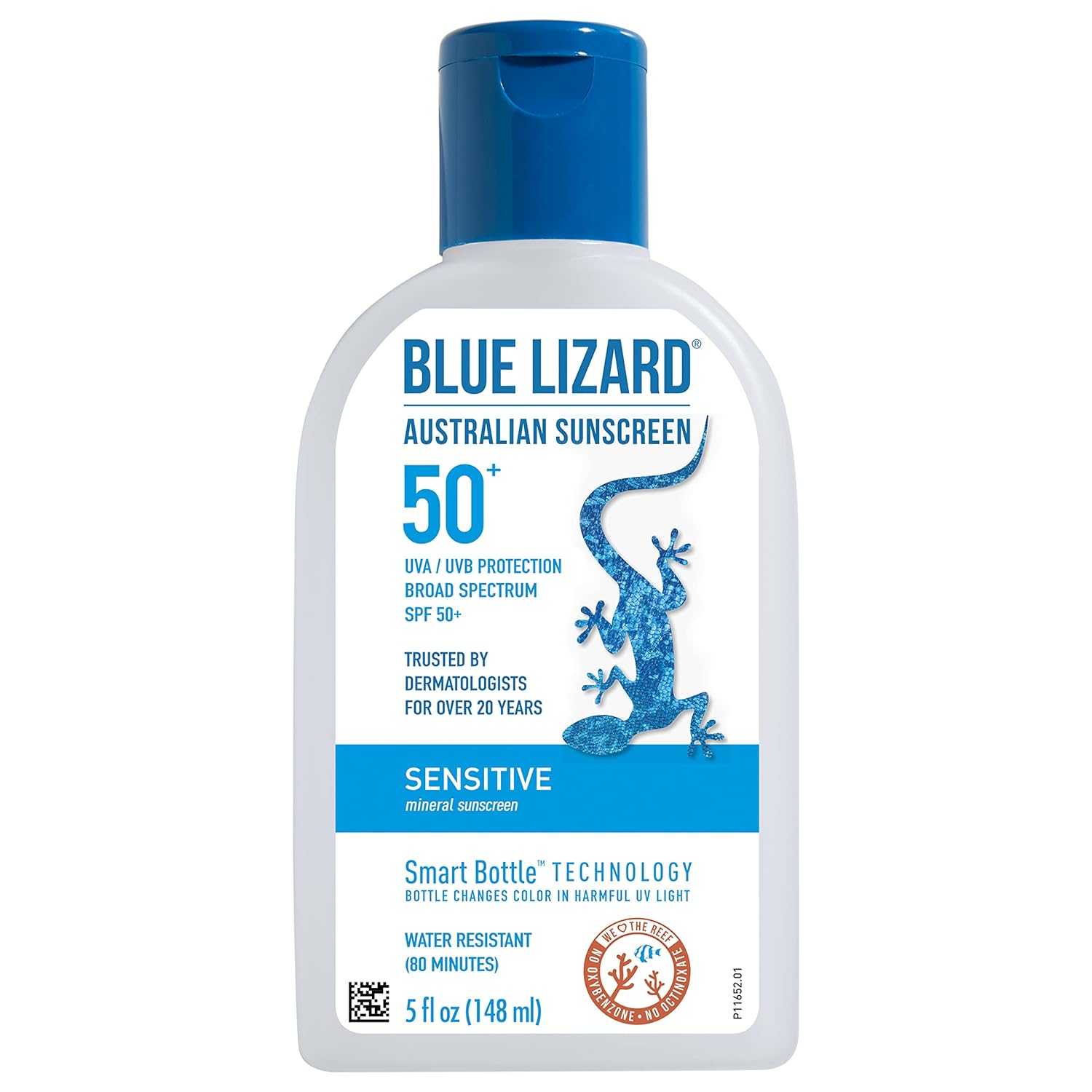 BLUE LIZARD Sensitive Mineral Sunscreen with Zinc Oxide, SPF 50+, Water Resistant, UVA/UVB Protection with Smart Bottle Technology - Fragrance Free, 5 oz