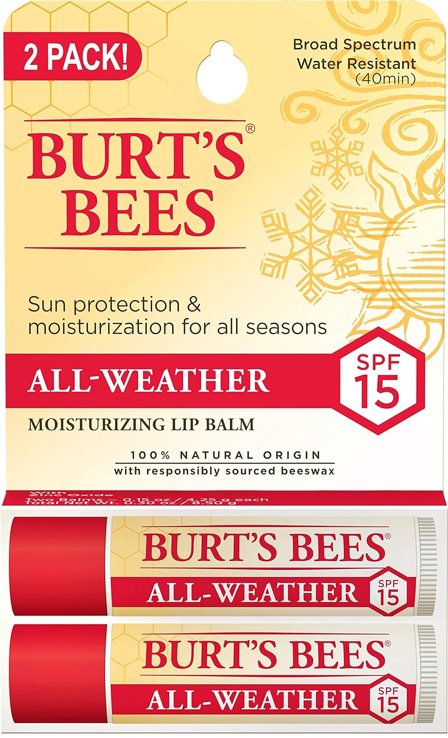 Burts Bees All Weather SPF 15 Lip Balm, Water-Resistant Lip Moisturizer, Tint-Free, Natural Conditioning Lip Treatment, 2 Tubes, 0.15 oz.