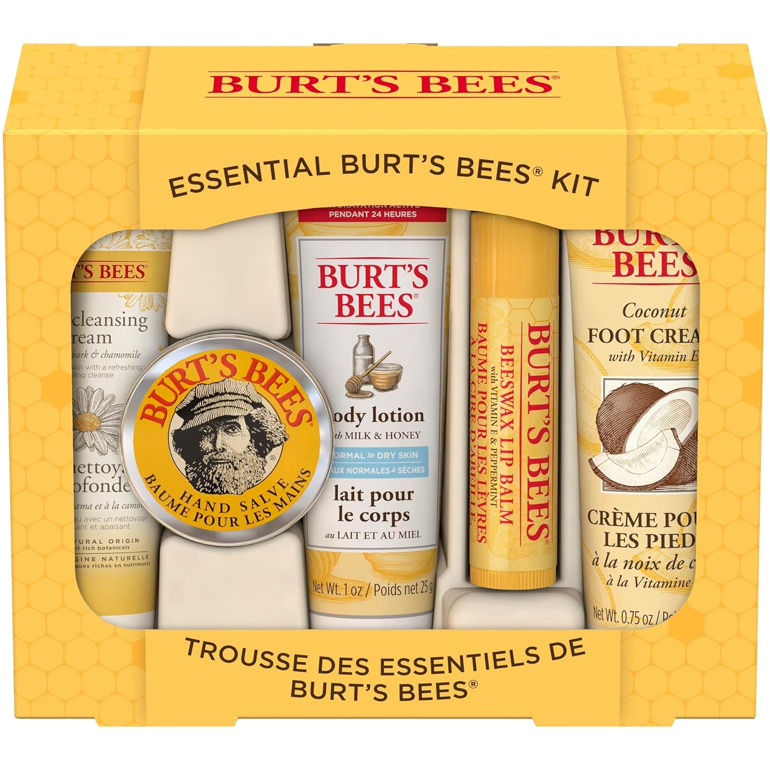 Burts Bees Christmas Gifts, 5 Stocking Stuffers Products, Everyday Essentials Set - Original Beeswax Lip Balm, Deep Cleansing Cream, Hand Salve, Body Lotion  Coconut Foot Cream, Travel Size