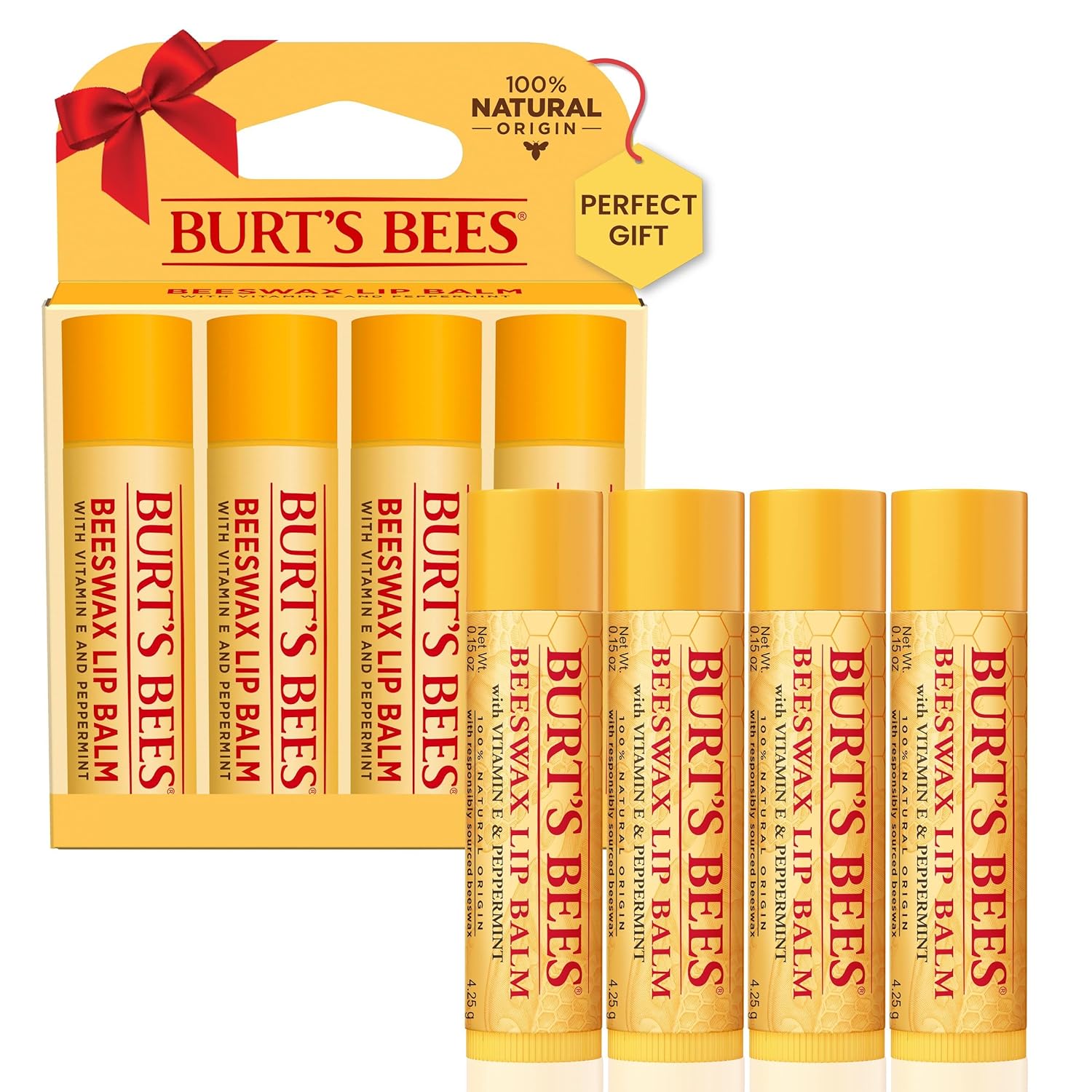 Burts Bees Lip Balm Stocking Stuffers, Moisturizing Lip Care Christmas Gifts, Original Beeswax with Vitamin E  Peppermint Oil, 100% Natural (4-Pack)