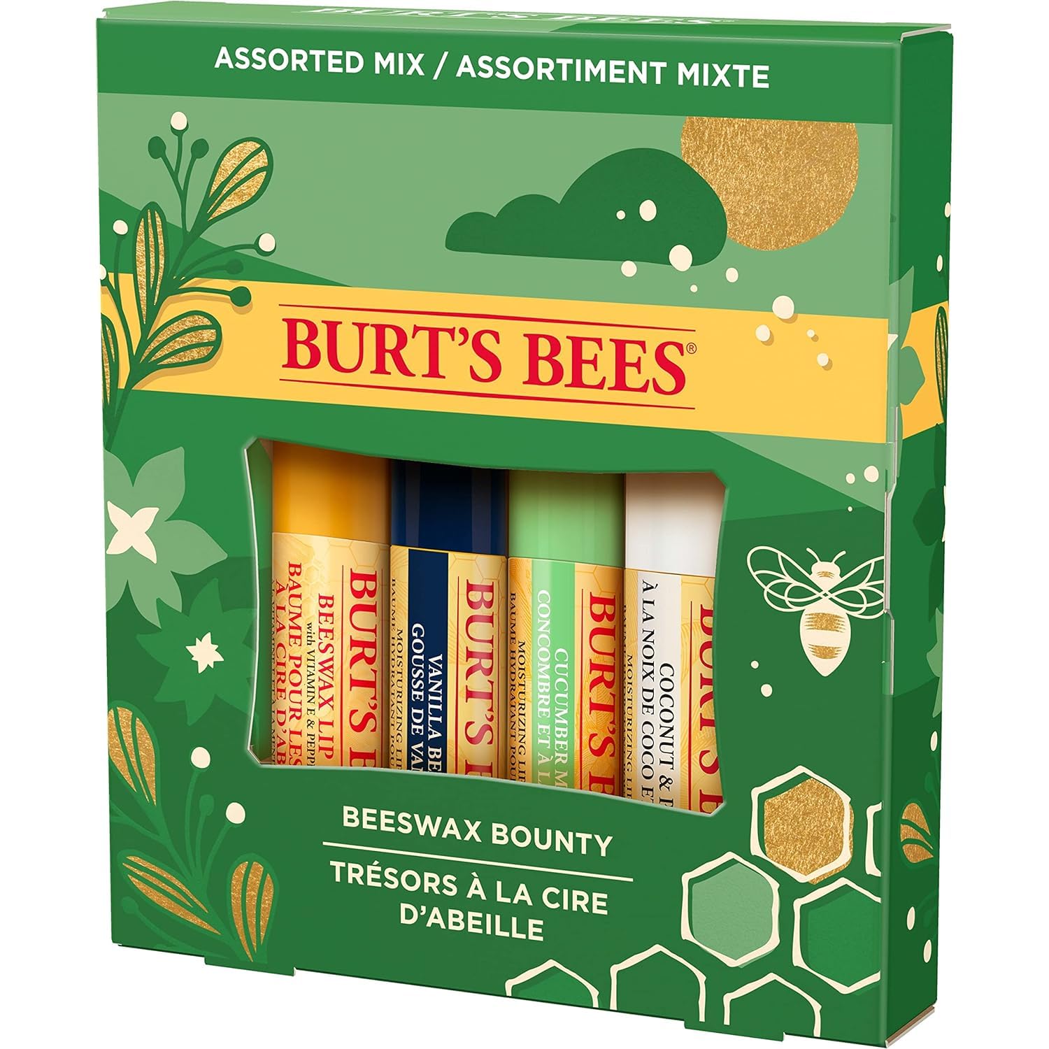 Burts Bees Lip Balm Stocking Stuffers, Moisturizing Lip Care Christmas Gifts, Original Beeswax with Vitamin E  Peppermint Oil, 100% Natural (4-Pack)