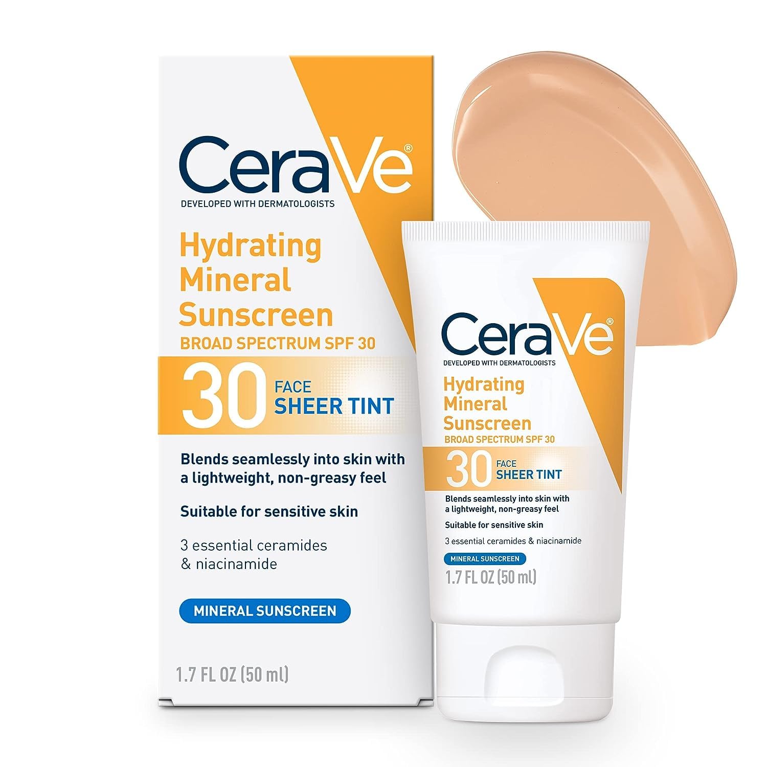 CeraVe Tinted Sunscreen with SPF 30 | Hydrating Mineral Sunscreen With Zinc Oxide  Titanium Dioxide | Sheer Tint for Healthy Glow | 1.7 Fluid Ounce