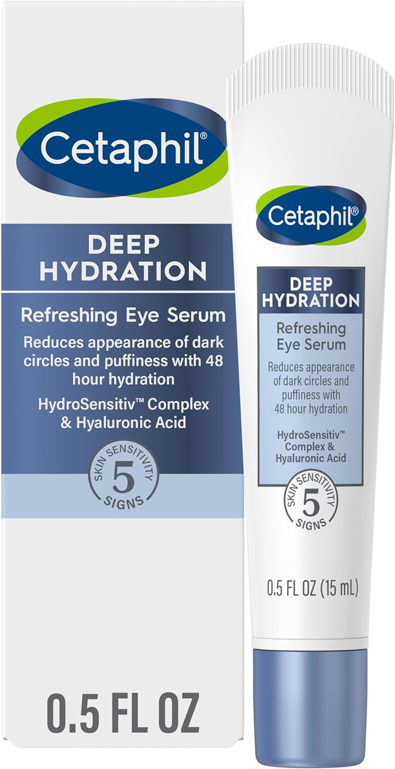 Cetaphil Deep Hydration Refreshing Eye Serum, 0.5 fl oz, 48Hr Hydrating Under Eye Cream to Reduce the Appearance of Dark Circles, With Hyaluronic Acid, Vitamin E  B5 (Packaging May Vary)