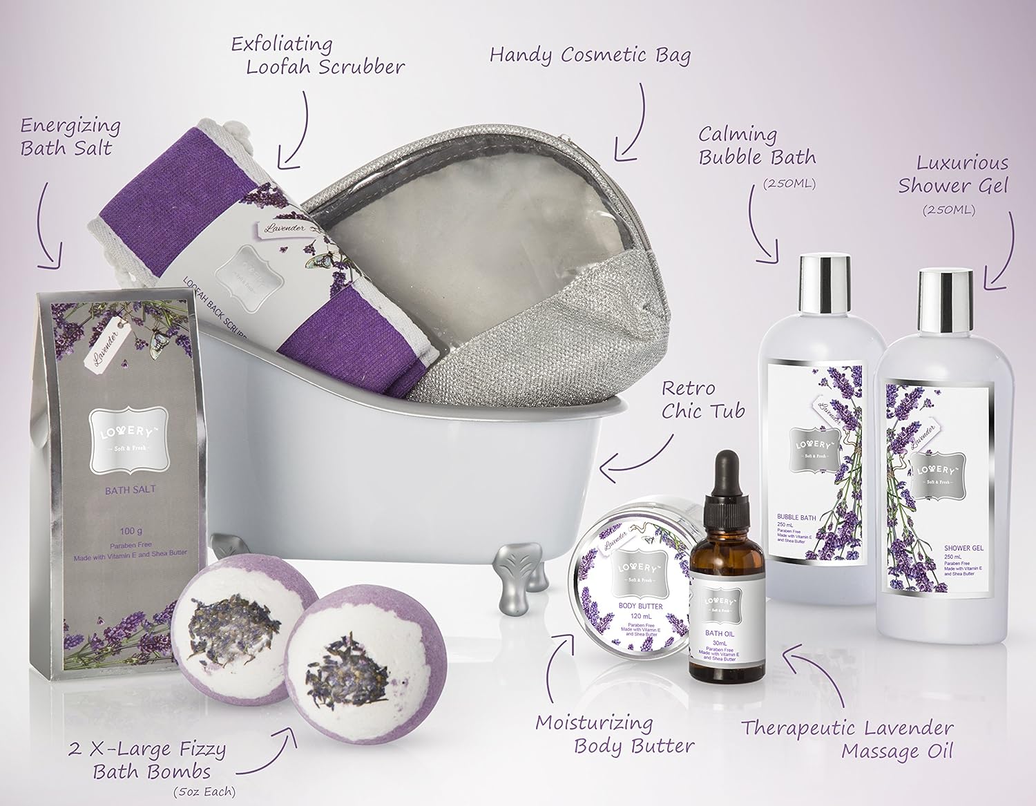 Christmas Bath Gift Basket Set for Women: Relaxing at Home Spa Kit Scented - Lavender and Jasmine with Large Bath Bombs, Salts, Shower Gel, Body Butter Lotion, Bath Oil, Bubble Bath, Loofah  More