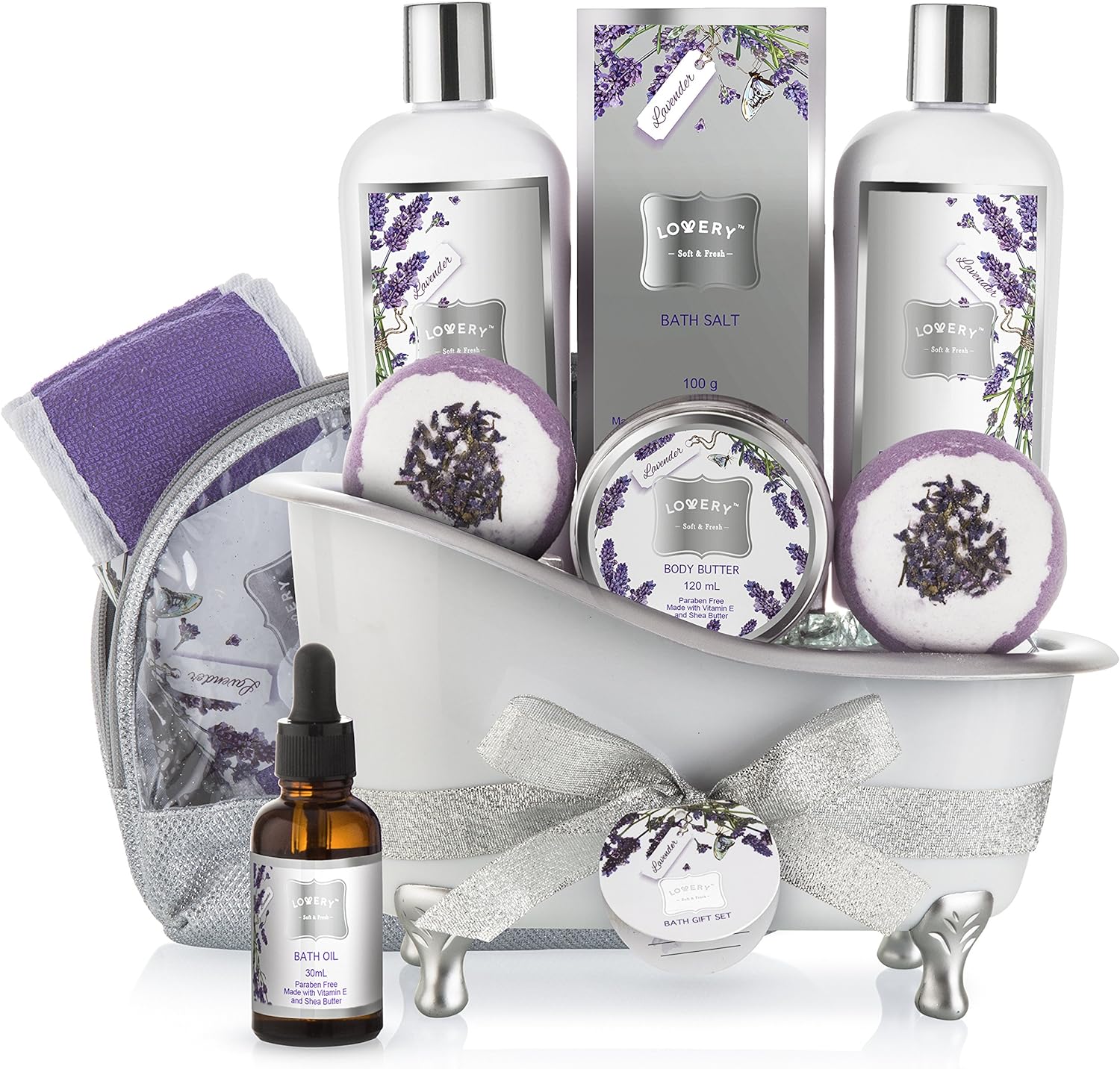 Christmas Bath Gift Basket Set for Women: Relaxing at Home Spa Kit Scented - Lavender and Jasmine with Large Bath Bombs, Salts, Shower Gel, Body Butter Lotion, Bath Oil, Bubble Bath, Loofah  More