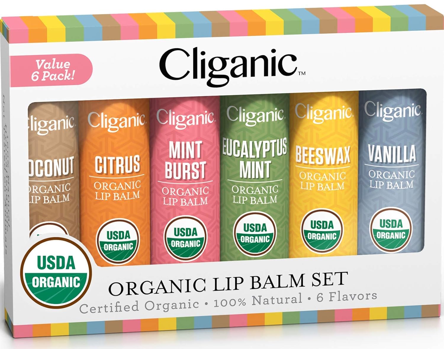 Cliganic USDA Organic Lip Balm Set - 6 Flavors - 100% Natural Moisturizer for Cracked  Dry Lips