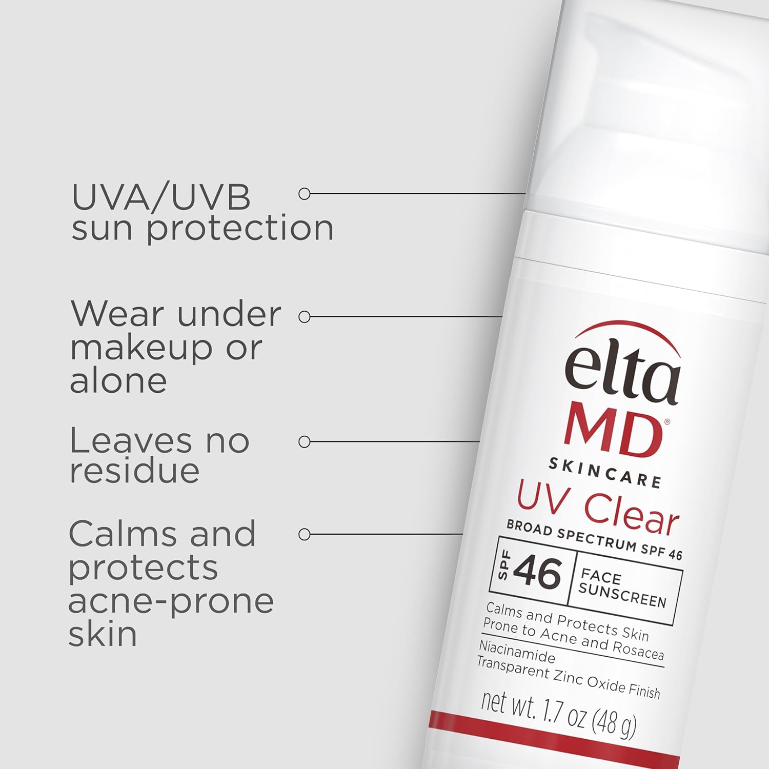 EltaMD UV Clear Face Sunscreen, SPF 46 Oil Free Sunscreen with Zinc Oxide, Protects and Calms Sensitive Skin and Acne-Prone Skin, Lightweight, Silky, Dermatologist Recommended, 1.7 oz Pump