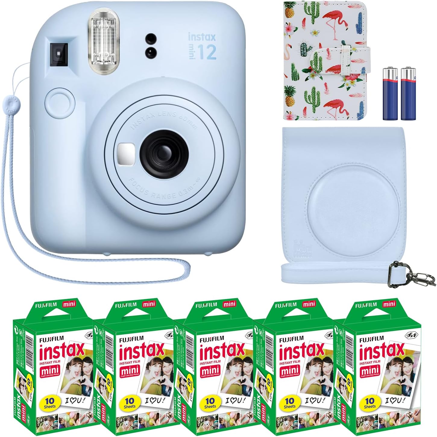 Fujifilm Instax Mini 12 Instant Camera Pastel Blue + MiniMate Accessory Bundle  Compatible Custom Case + Fuji Instax Film Value Pack (50 Sheets) Flamingo Designer Photo Album