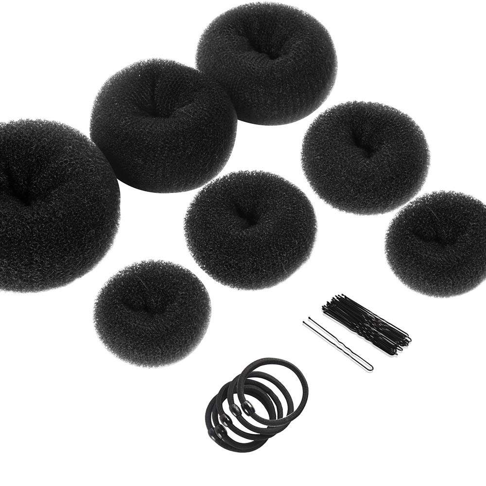 Hair Bun Makers, Teenitor Hair Styling Accessories Kit with 5 Bands 20 Bobby Pins  7 Buns for Chignon Hair Styles (2 Small 2 Medium 2 Large 1 Extra-large), Black