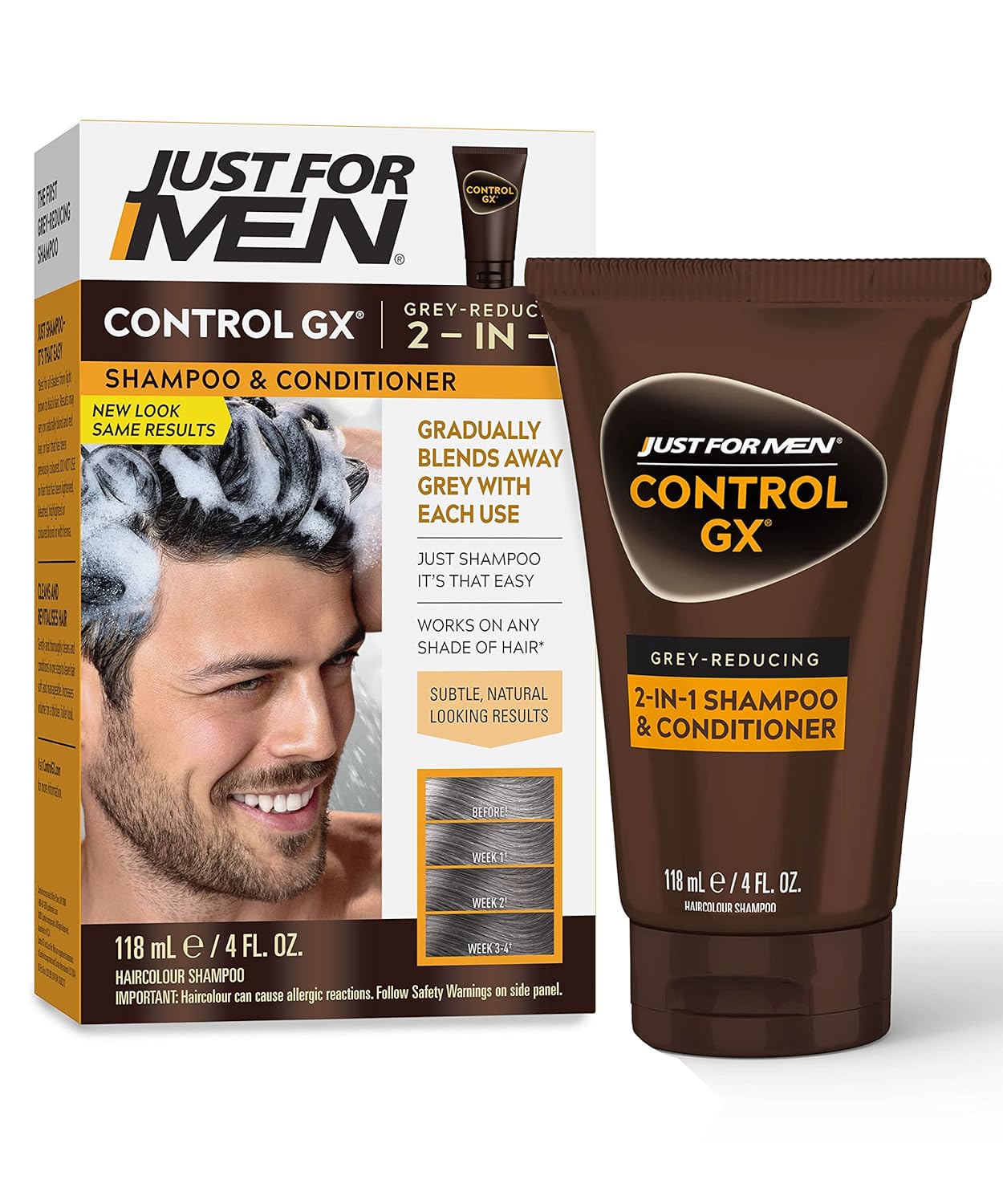 Just For Men Control GX Grey Reducing 2-in-1 Shampoo and Conditioner, Gradual Hair Color for Stronger and Healthier Hair, 4 Fl Oz - Pack of 1 (Packaging May Vary)