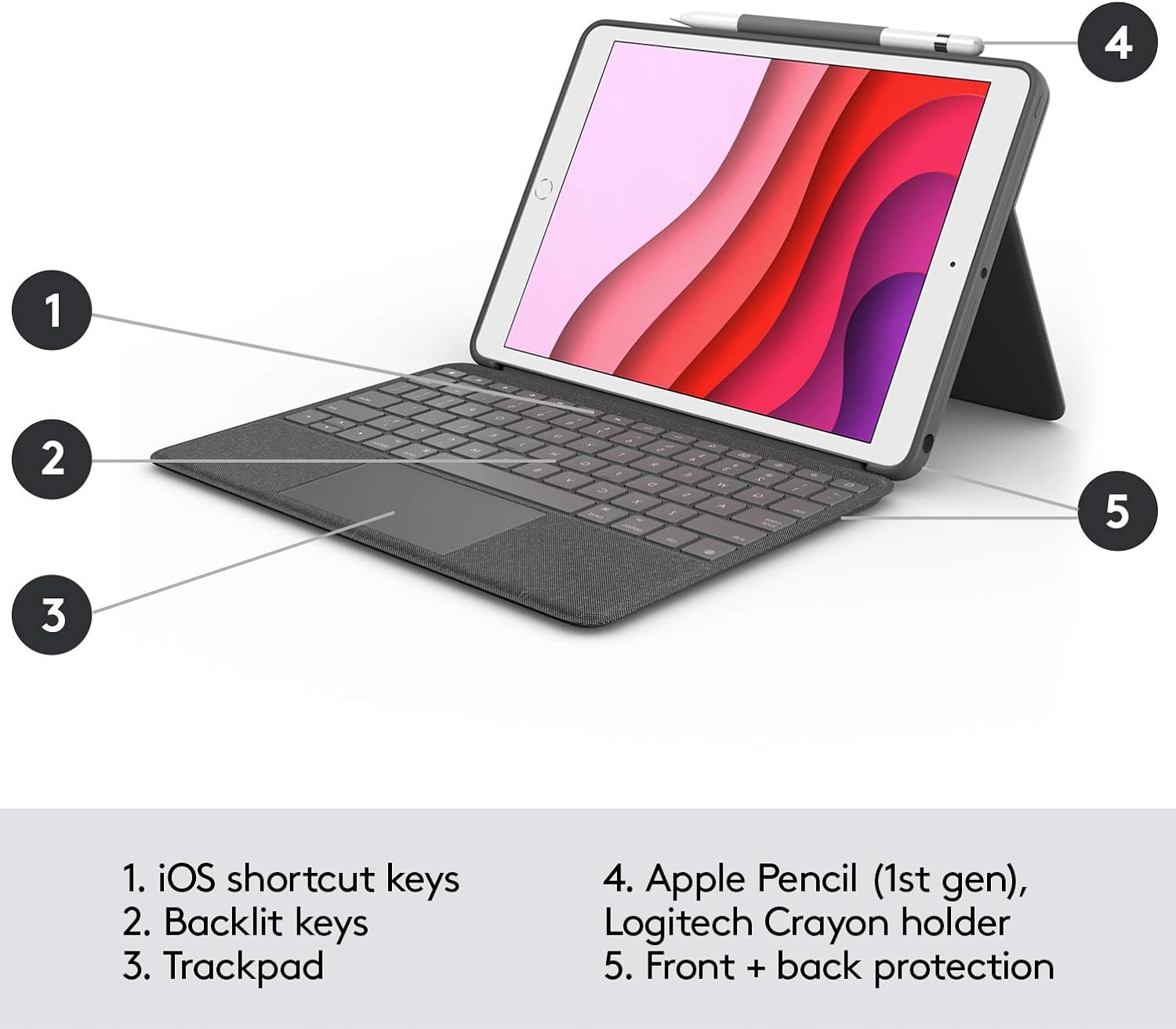 Logitech Combo Touch for iPad (7th, 8th and 9th generation) keyboard case with trackpad, wireless keyboard, Smart Connector technology - Graphite