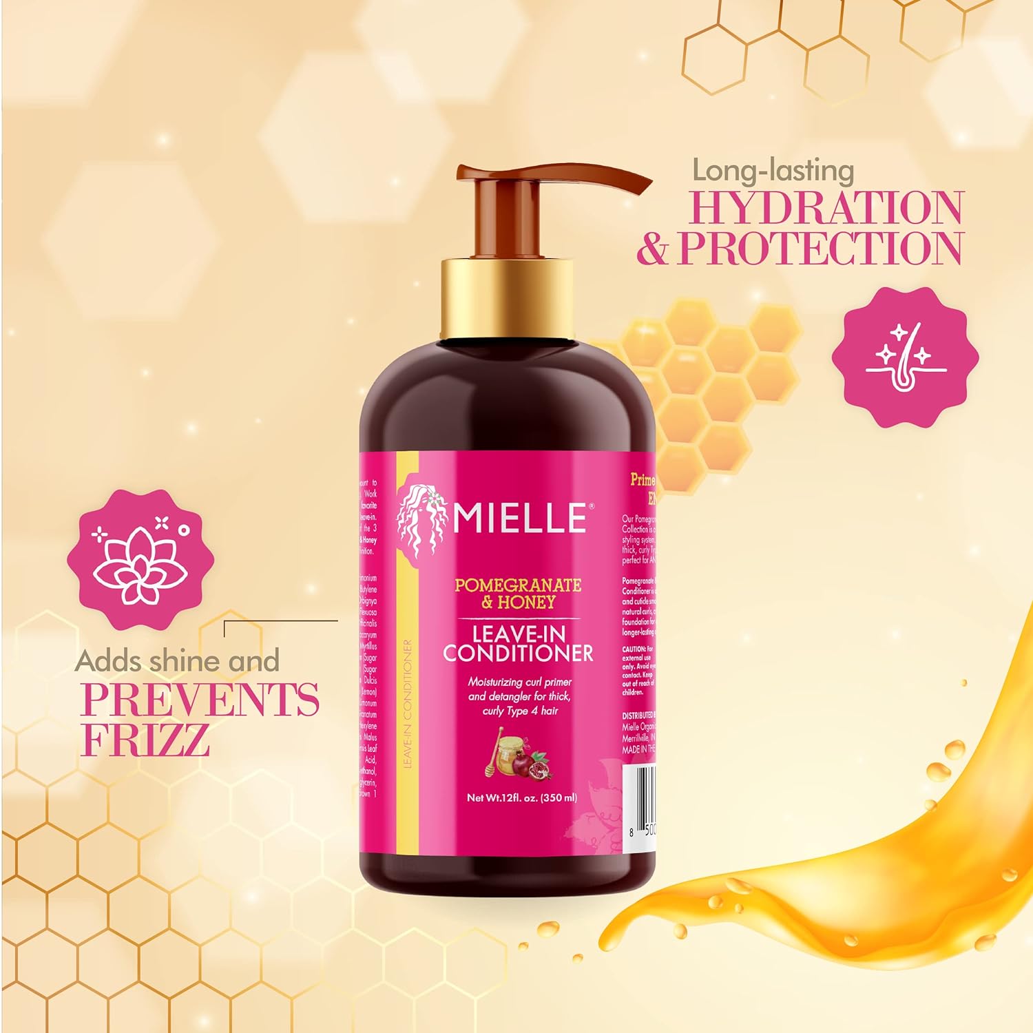 Mielle Organics Pomegranate  Honey Leave-In Conditioner, Moisturizing Curl Primer and Detangler, Repair Damage and Prevent Frizz, Treatment For Thick Curly Hair Type 4 Hair, 12-Fluid Ounces