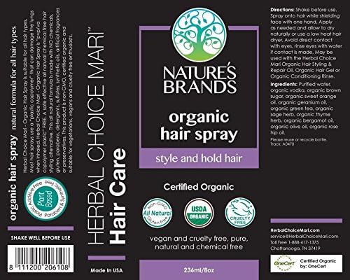 Natures Brands Organic Hair Spray 8 Oz Bottle – USDA Organic Certified, Paraben-Free, Cruelty-Free and Vegan - With Natural Botanical Extracts - For All Hair Types