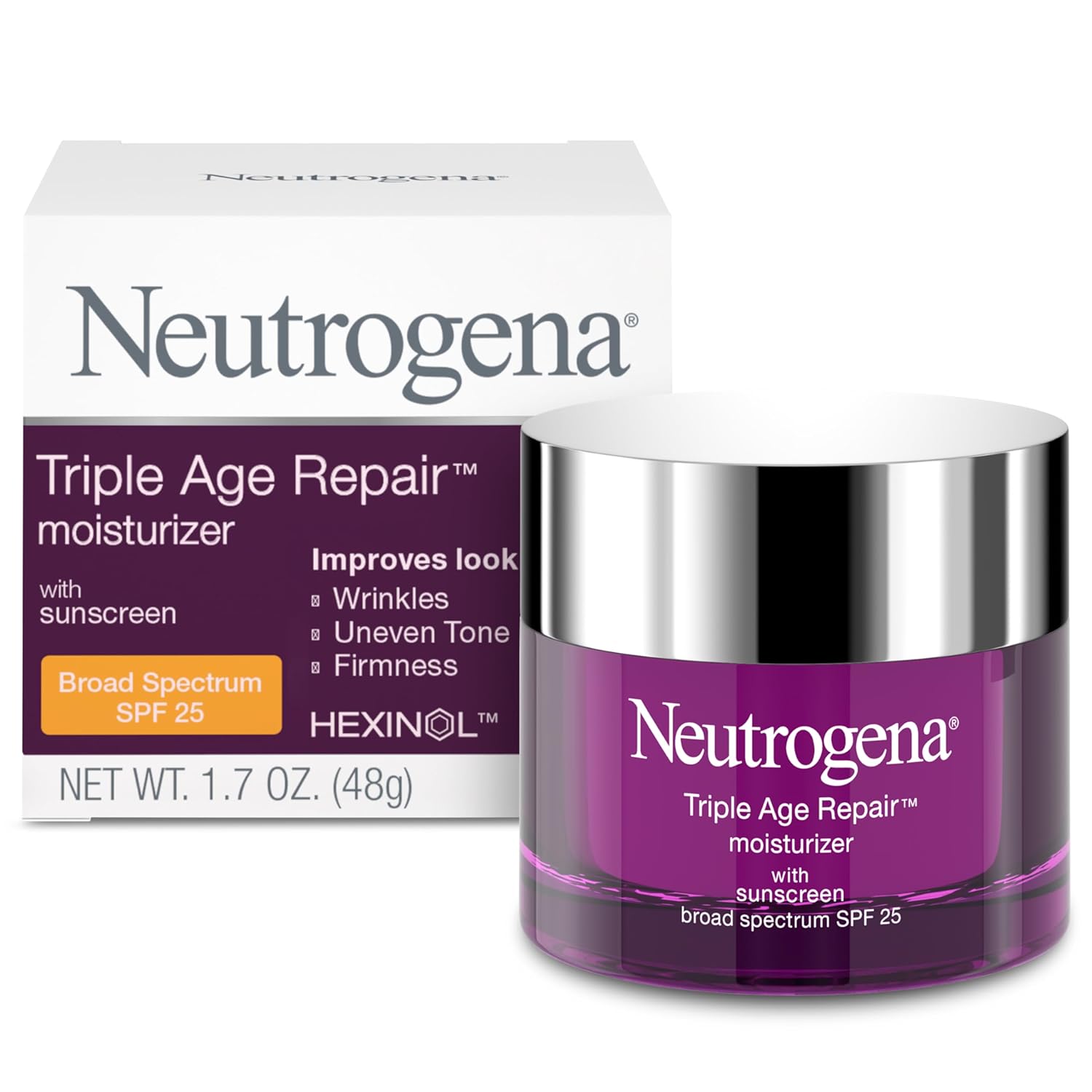 Neutrogena Triple Age Repair Anti-Aging Daily Facial Moisturizer with SPF 25 Sunscreen  Vitamin C, Firming Anti-Wrinkle Face  Neck Cream for Dark Spots, Glycerin  Shea Butter, 1.7 oz