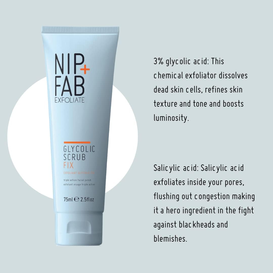 Nip + Fab Glycolic Acid Fix Face Scrub with Salicylic Acid, AHA/BHA Exfoliating Facial Cleanser Polish for Refining Pores Skin Brightening, 75 ml 2.5 fl oz