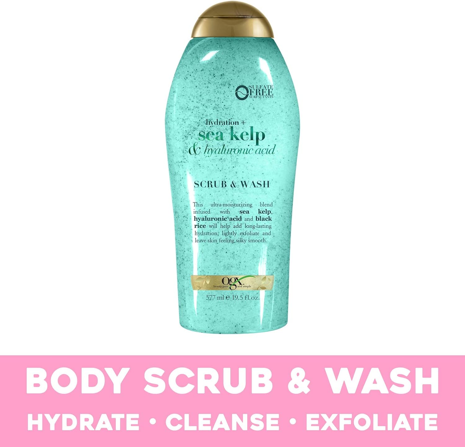 OGX Hydration + Sea Kelp  Hyaluronic Acid Sulfate-Free Lightly Moisturizing Body Scrub with Black Rice, Gentle Exfoliating Daily Body Wash to Soften  Smooth Skin, 19.5 Fl Oz