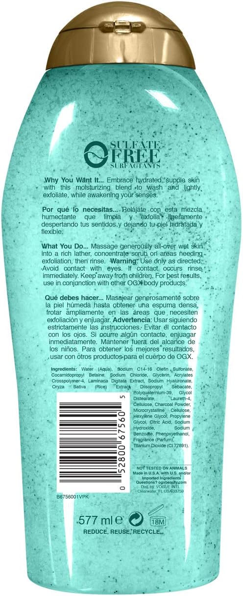 OGX Hydration + Sea Kelp  Hyaluronic Acid Sulfate-Free Lightly Moisturizing Body Scrub with Black Rice, Gentle Exfoliating Daily Body Wash to Soften  Smooth Skin, 19.5 Fl Oz