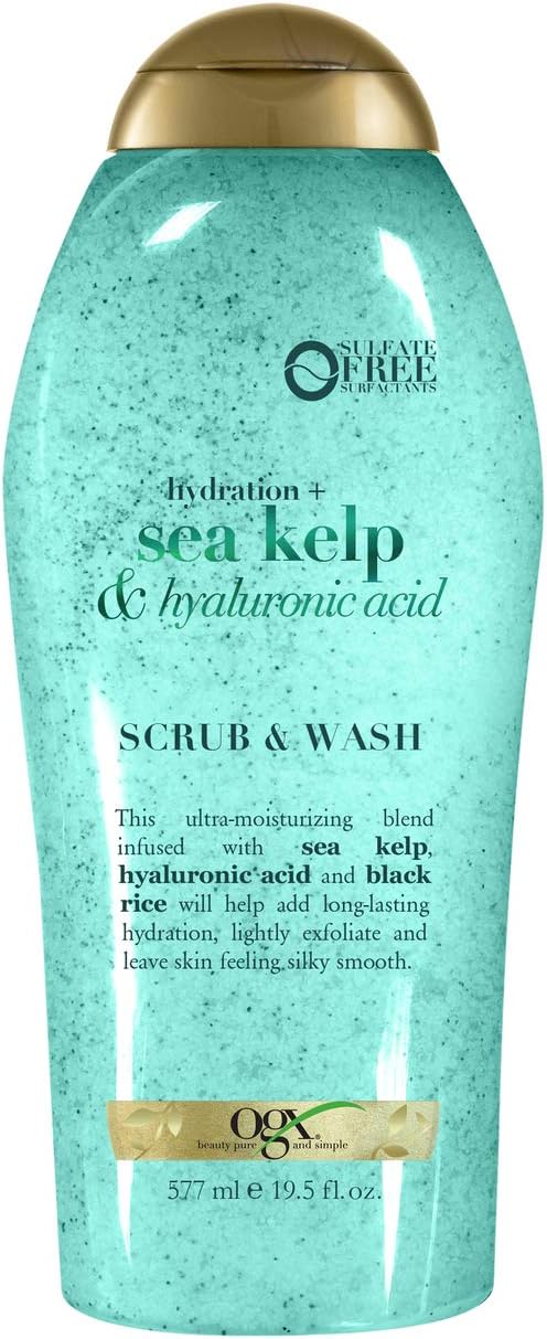 OGX Hydration + Sea Kelp  Hyaluronic Acid Sulfate-Free Lightly Moisturizing Body Scrub with Black Rice, Gentle Exfoliating Daily Body Wash to Soften  Smooth Skin, 19.5 Fl Oz