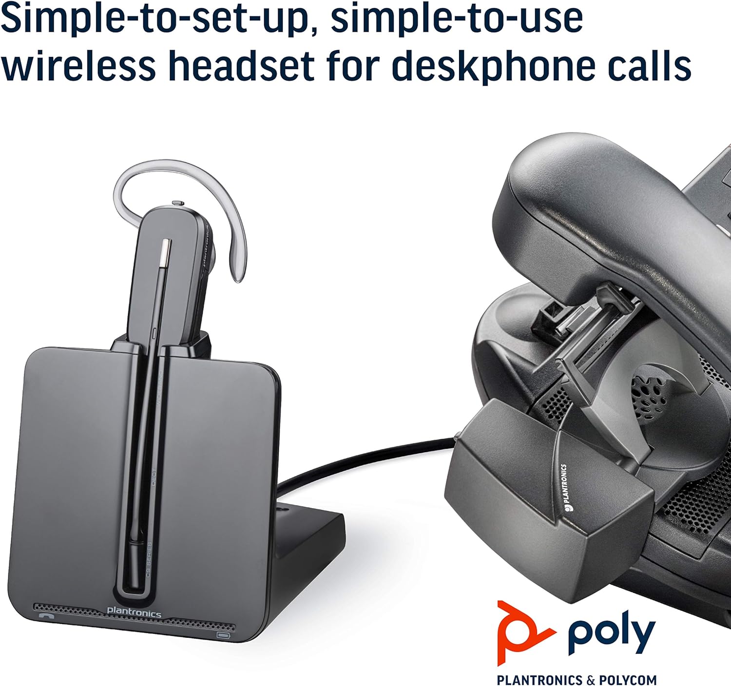 Plantronics - CS540 Wireless DECT Headset with Lifter (Poly) - Single Ear (Mono) Convertible (3 wearing styles) - Connects to Desk Phone - Noise Canceling Microphone