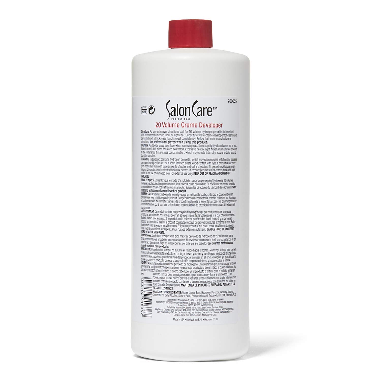 Salon Care 20 Volume Creme Developer, Uniform Lift, Easy to Handle Cream Consistency, Stabilized Formula, 32 Ounce