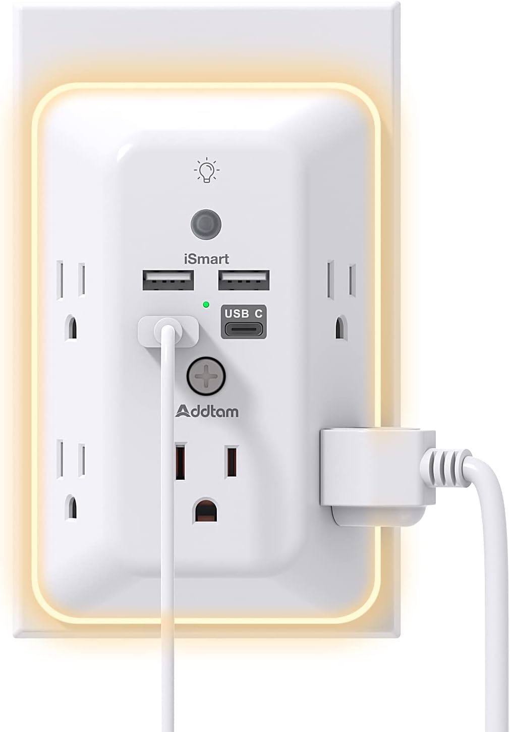 Surge Protector, Multi Plug Outlet Extender with Night Light for Home, Office, School, Addtam 5-Outlet Splitter and 4 USB Ports(1 USB C), Wall Charger Power Strip, ETL Listed