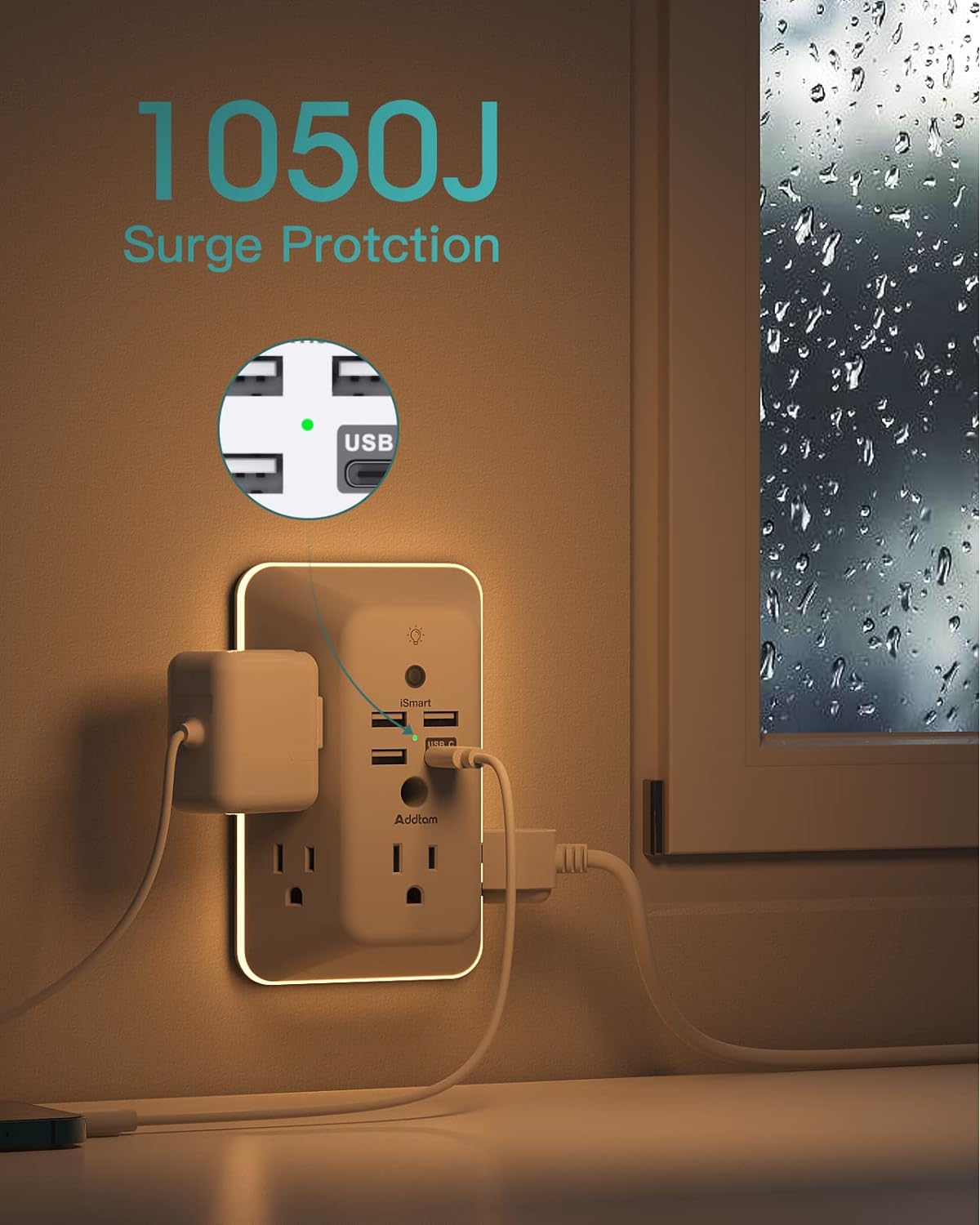 Surge Protector, Multi Plug Outlet Extender with Night Light for Home, Office, School, Addtam 5-Outlet Splitter and 4 USB Ports(1 USB C), Wall Charger Power Strip, ETL Listed