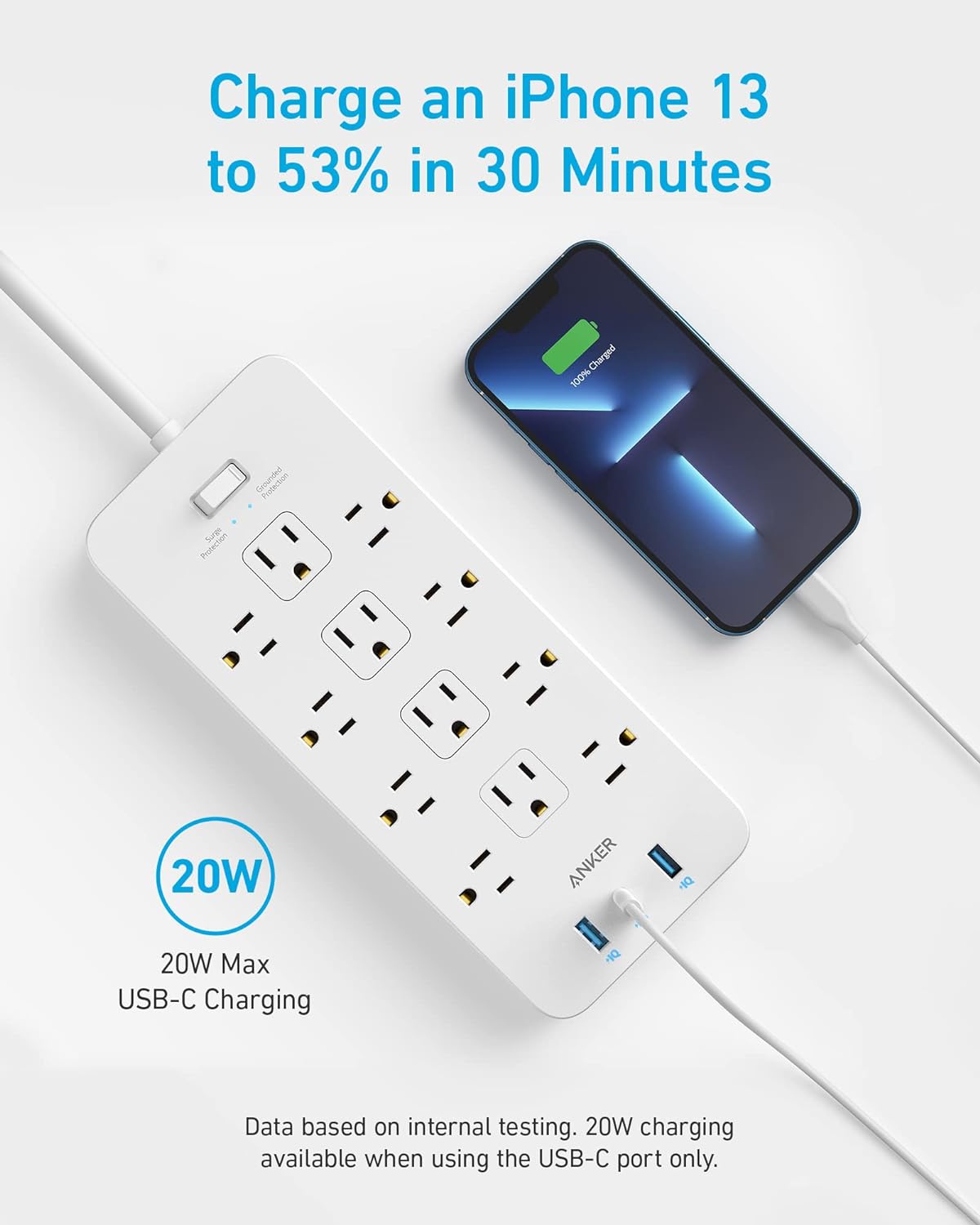 Surge Protector Power Strip (2100J), Anker 12 Outlets with 1 USB C and 2 USB Ports foriPhone 15/15 Plus/15 Pro/15 Pro Max, 5ft Extension Cord, Flat Plug, 20W USB C Charging for Home, Office,TUV Listed