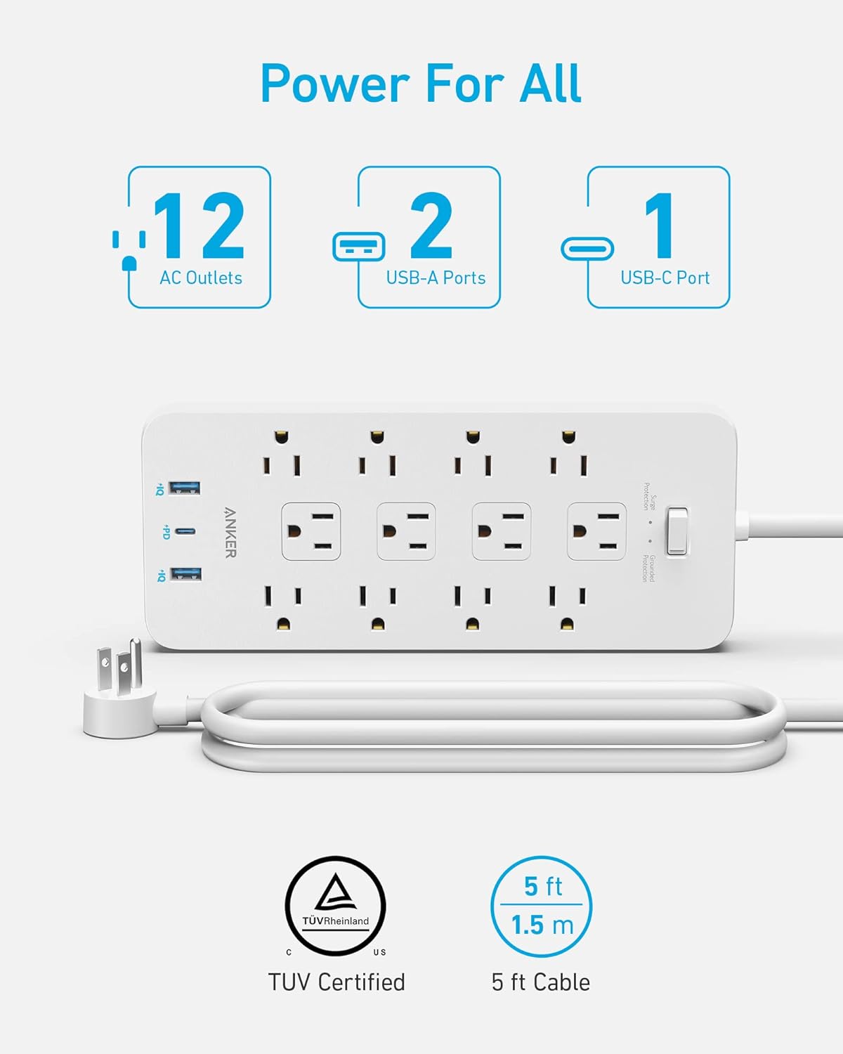 Surge Protector Power Strip (2100J), Anker 12 Outlets with 1 USB C and 2 USB Ports foriPhone 15/15 Plus/15 Pro/15 Pro Max, 5ft Extension Cord, Flat Plug, 20W USB C Charging for Home, Office,TUV Listed