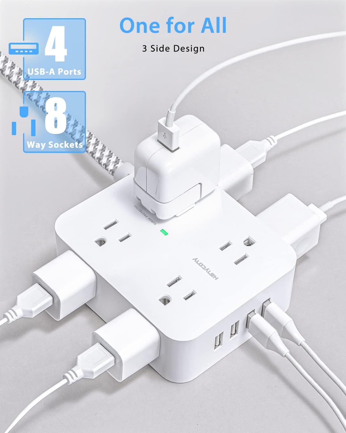 Surge Protector Power Strip - 8 Widely Outlets with 4 USB Charging Ports, 3 Side Outlet Extender with 5Ft Braided Extension Cord, Flat Plug, Wall Mount, Desk USB Charging Station for Home Office ETL