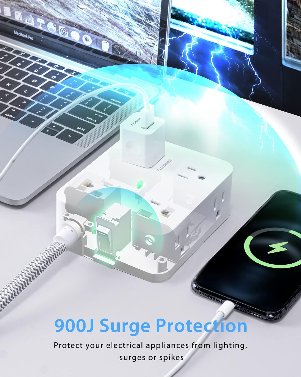 Surge Protector Power Strip - 8 Widely Outlets with 4 USB Charging Ports, 3 Side Outlet Extender with 5Ft Braided Extension Cord, Flat Plug, Wall Mount, Desk USB Charging Station for Home Office ETL