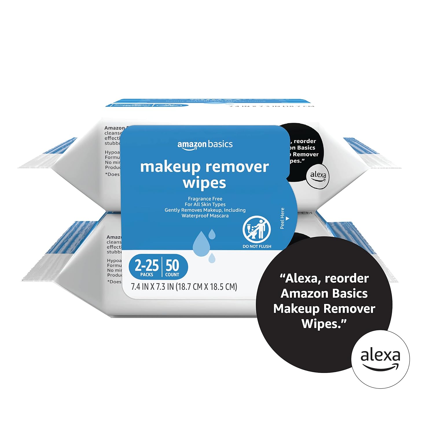 Amazon Basics Make Up Remover Wipes, Fragrance Free, 50 Count (2 Packs of 25) (Previously Solimo)